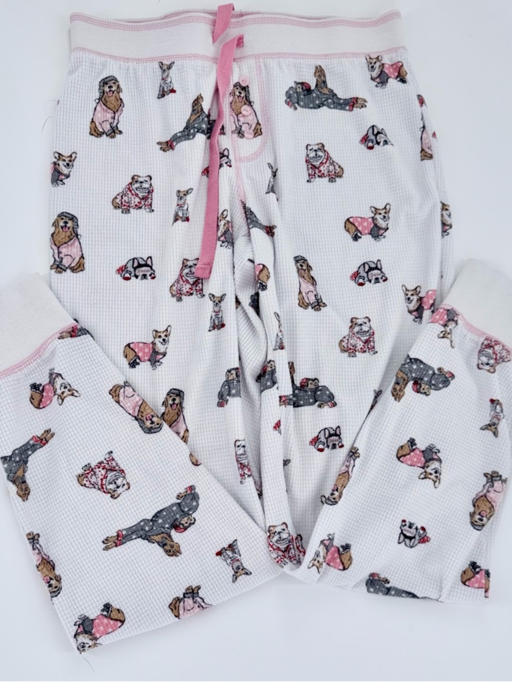PJ Salvage Women’s Small Pajama Pants Dog Print Waffle Knit Pink Drawstring Cozy